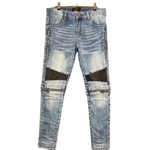 AMIRI MX2 Indigo Blue Moto Biker Zipper Jeans Leather Knees Cobrax RIRI Size 30‎